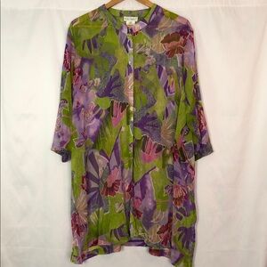 Ulla Popken Green and Purple Floral Tunic Coverup Kimono Top Size 24/26